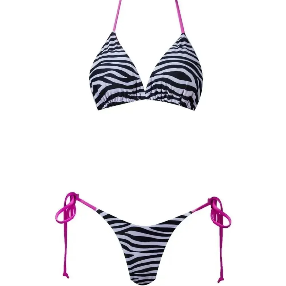 NEW ZEBRA CONTRAST PINK TRIM BIKINI SET - Picture 2 of 10